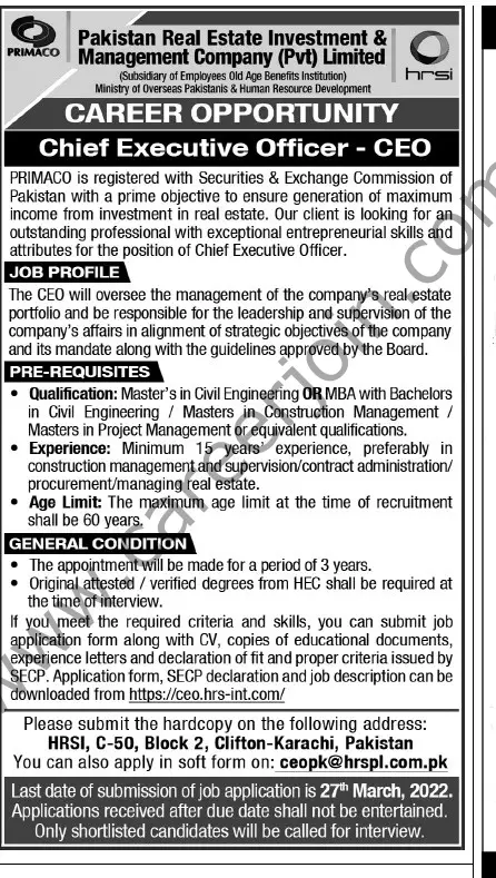 Pakistan Real Estate Investment & Management Company Pvt Ltd PRIMACO Jobs 13 March 2022 Express Tribune 01