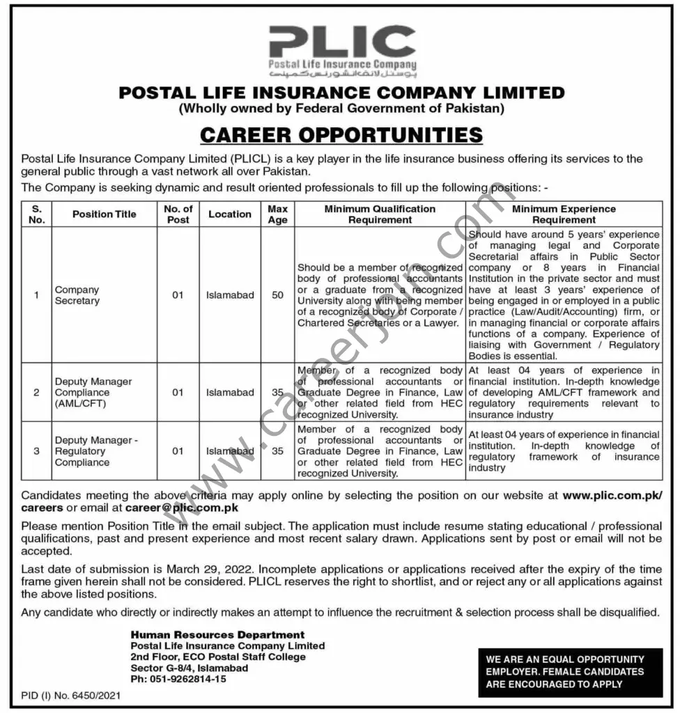 Postal Life Insurance Company Ltd PLIC Jobs 13 March 2022 Dawn 01