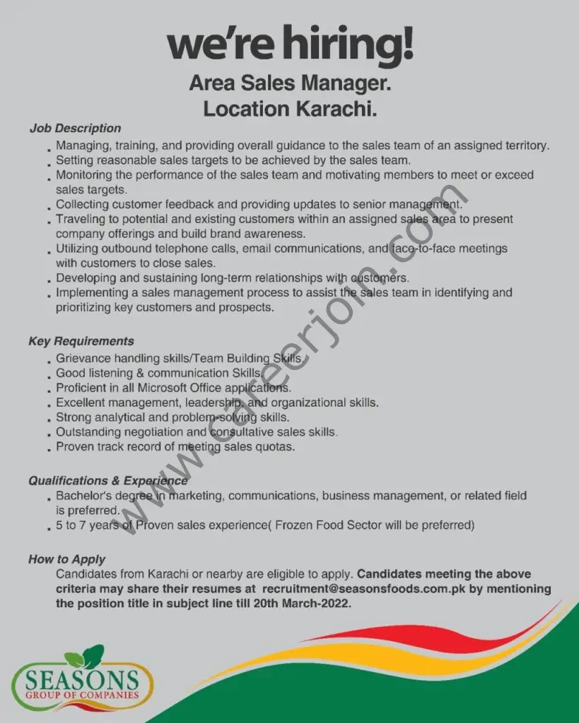 Seasons Group Of Companies Jobs Area Sales Manager 01