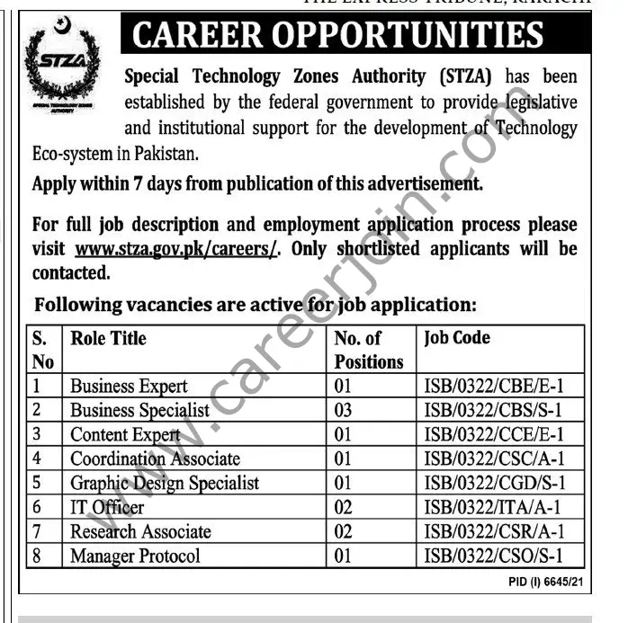 Special Technology Zones Authority STZA Jobs 20 March 2022 Express Tribune 01