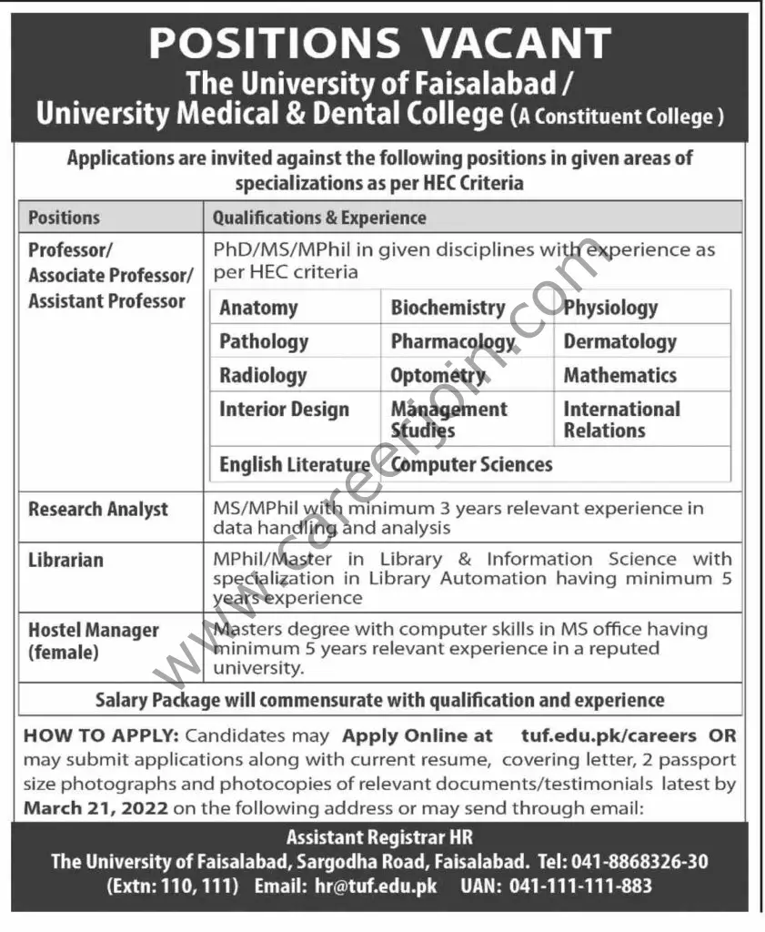 The University of Faisalabad Jobs 16 March 2022 Dawn 01