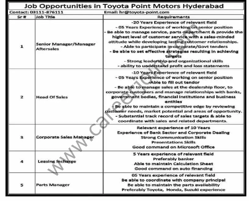 Toyota Point Motors Hyderabad Jobs 20 March 2022 Dawn 01
