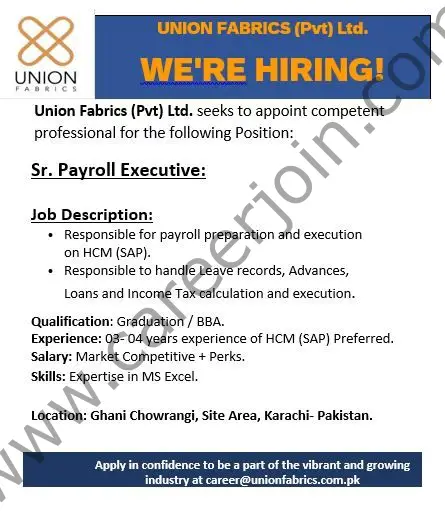 Union Fabrics Pvt Ltd Jobs Senior Payroll Executive 01