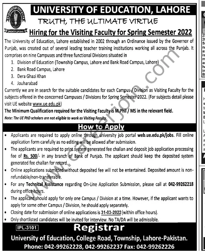 University Of Education Lahore Jobs 23 March 2022 Nawaiwaqt 01