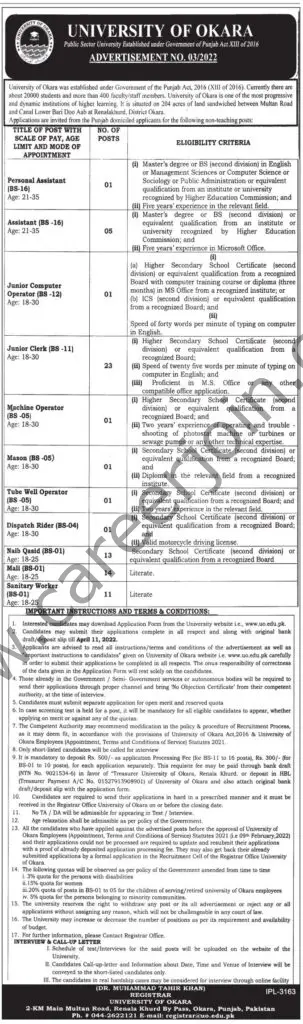 University Of Okara Jobs 24 March 2022 Express Tribune 02