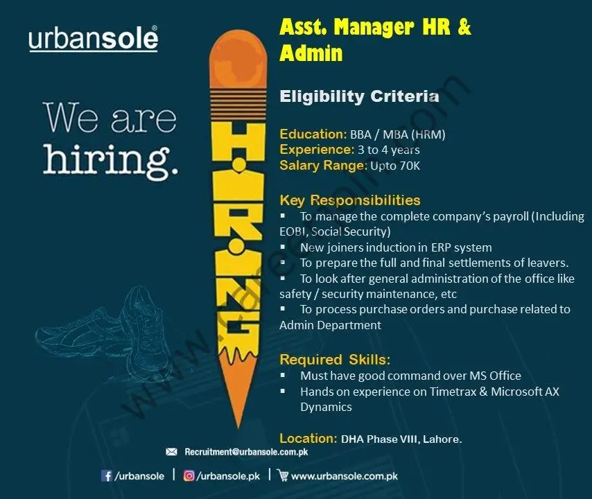 Urbansole Pakistan Jobs Assistant Manager HR & Admin 01