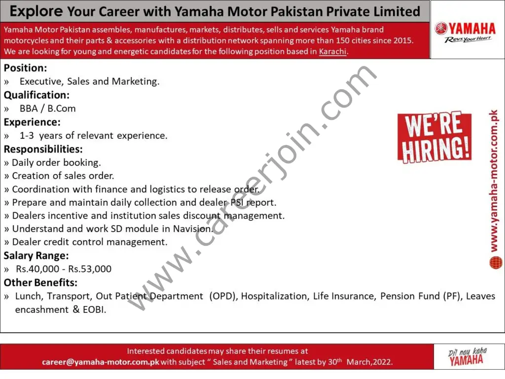 Yamaha Motor Pakistan Pvt Ltd Jobs Executive Sales & Marketing 01