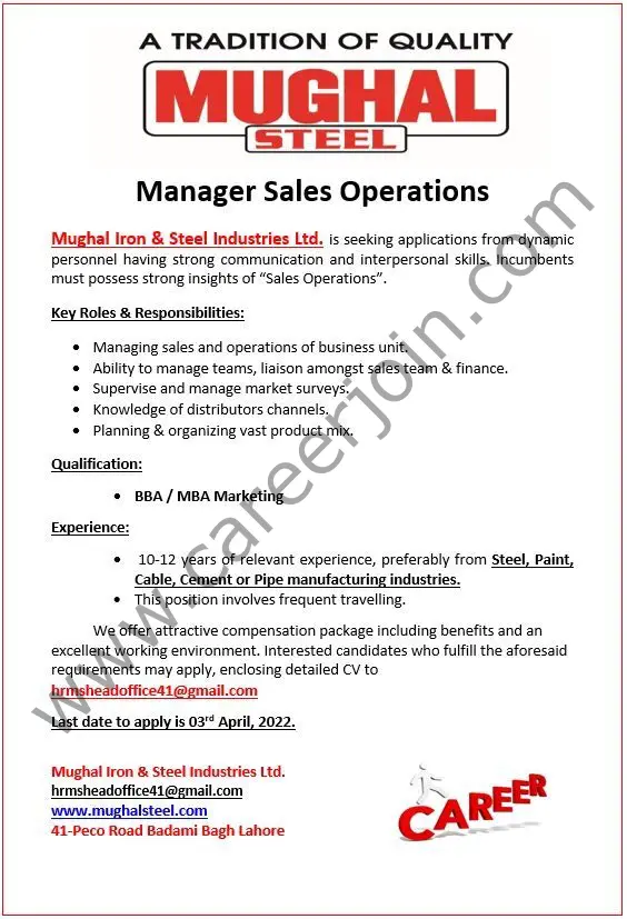 Mughal Iron & Steel Industries Ltd MISIL Jobs Manager Sales Operations 01