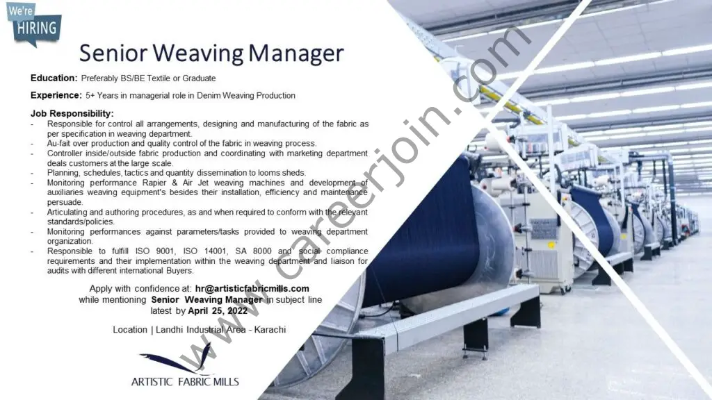 Artistic Fabric Mills Jobs Senior Weaving Manager 01