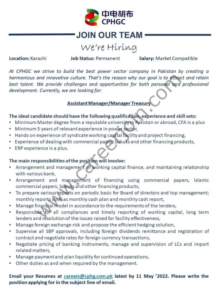China Power Hub Generation Company Limited CPHGC Jobs Assistant Manager / Manager Treasury 01