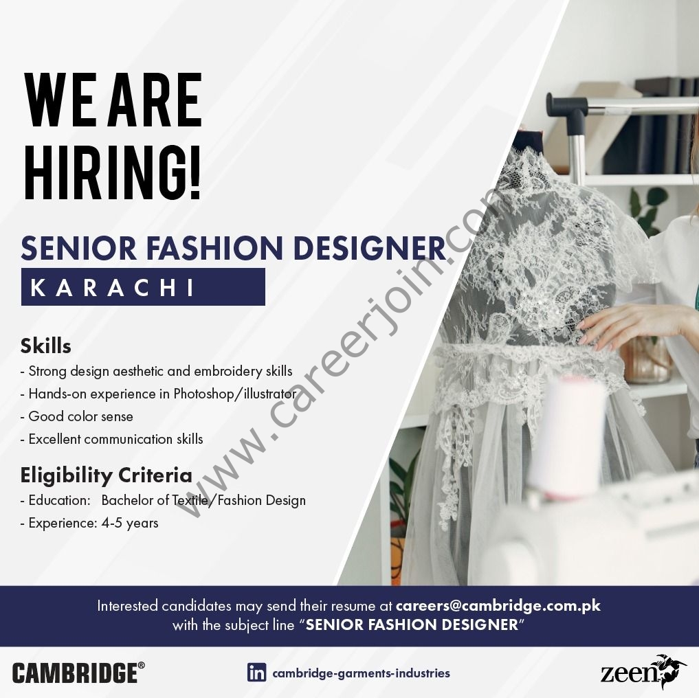 Cambridge Garments Pvt Ltd Jobs Senior Fashion Designer 01