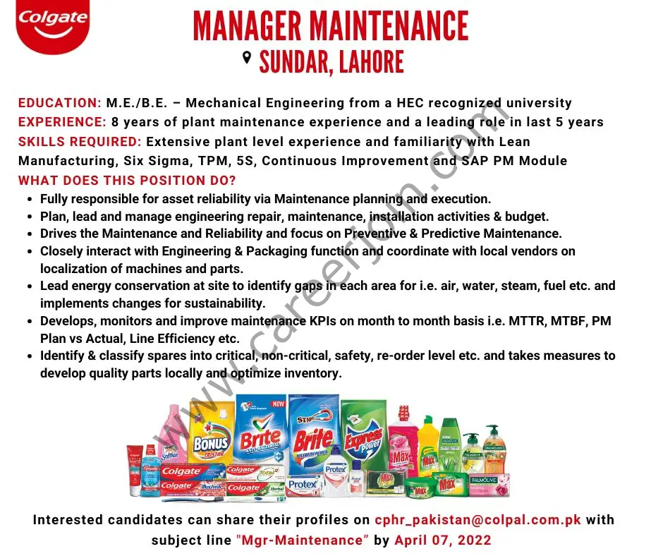 Colgate Palmolive Pakistan Jobs Manager Maintenance 01