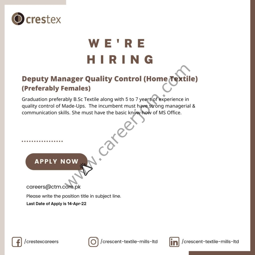 Crescent Textile Mills Limited Crestex Jobs Deputy Manager Quality Control 01