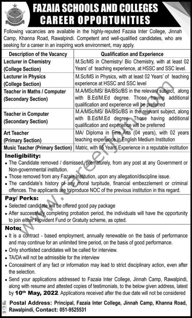 Fazaia Schools & Colleges Rawalpindi Jobs April 2022 01