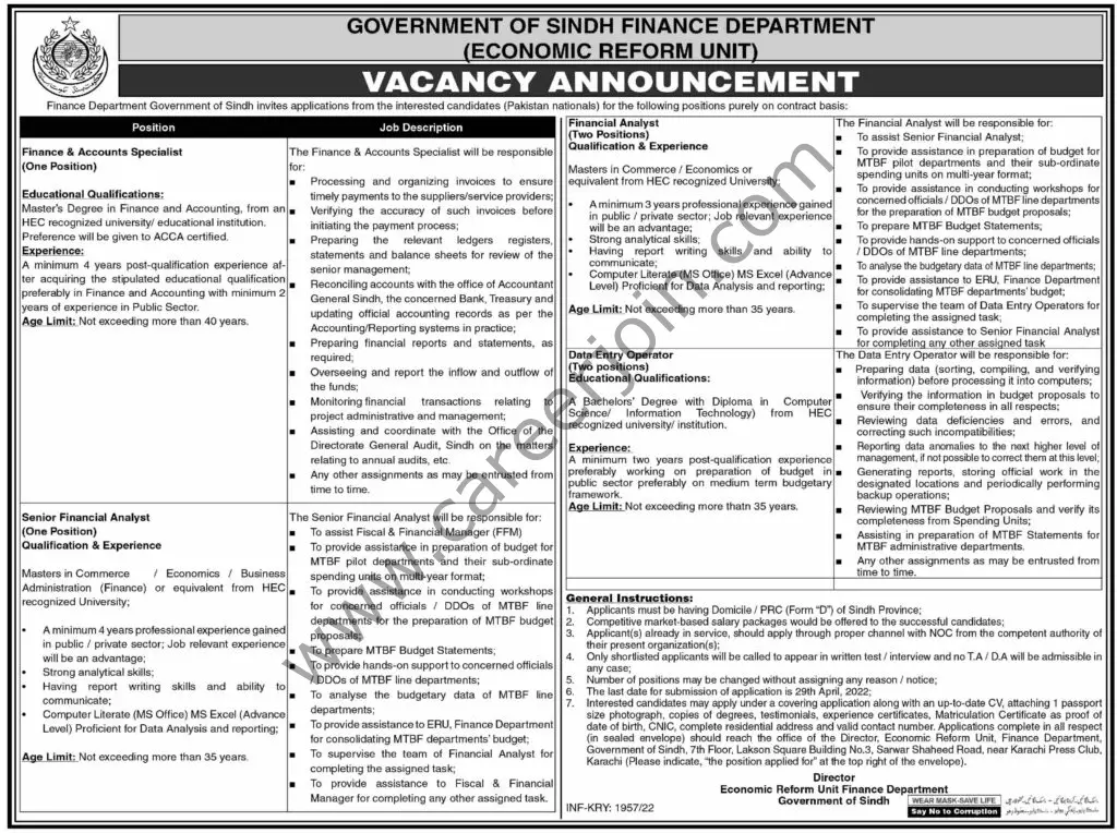 Finance Dept Sindh Jobs 16 April 2022 Dawn 01