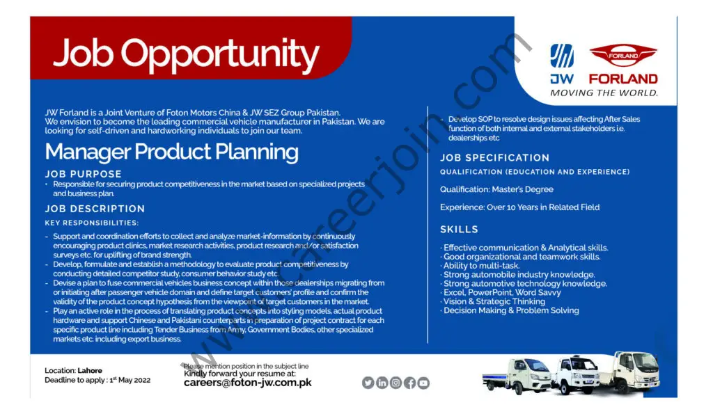 Foton JW AutoPark Pvt Ltd Jobs Manager Product Planning 01