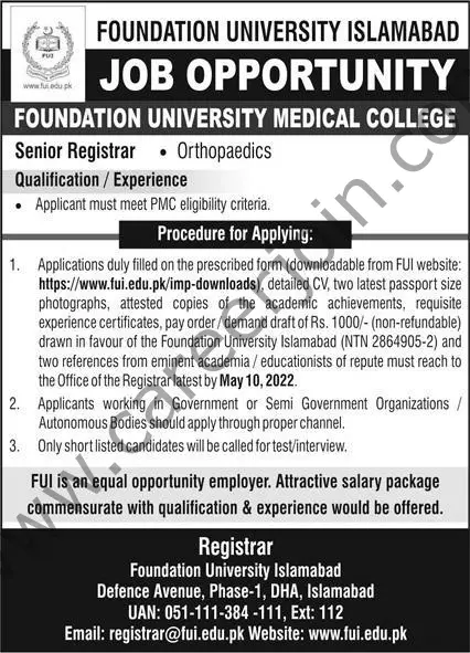 Foundation University Islamabad Jobs Senior Registrar 01