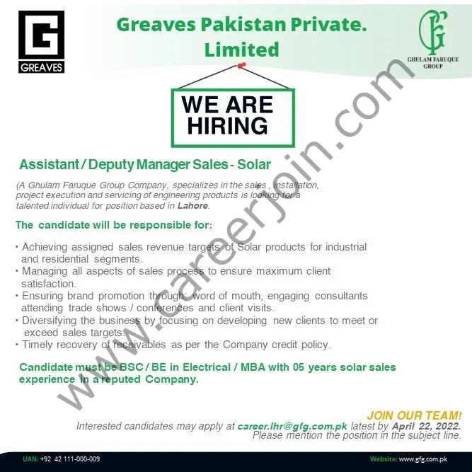 Greaves Pakistan Pvt Ltd Jobs Assistant / Deputy Manager Sales 01