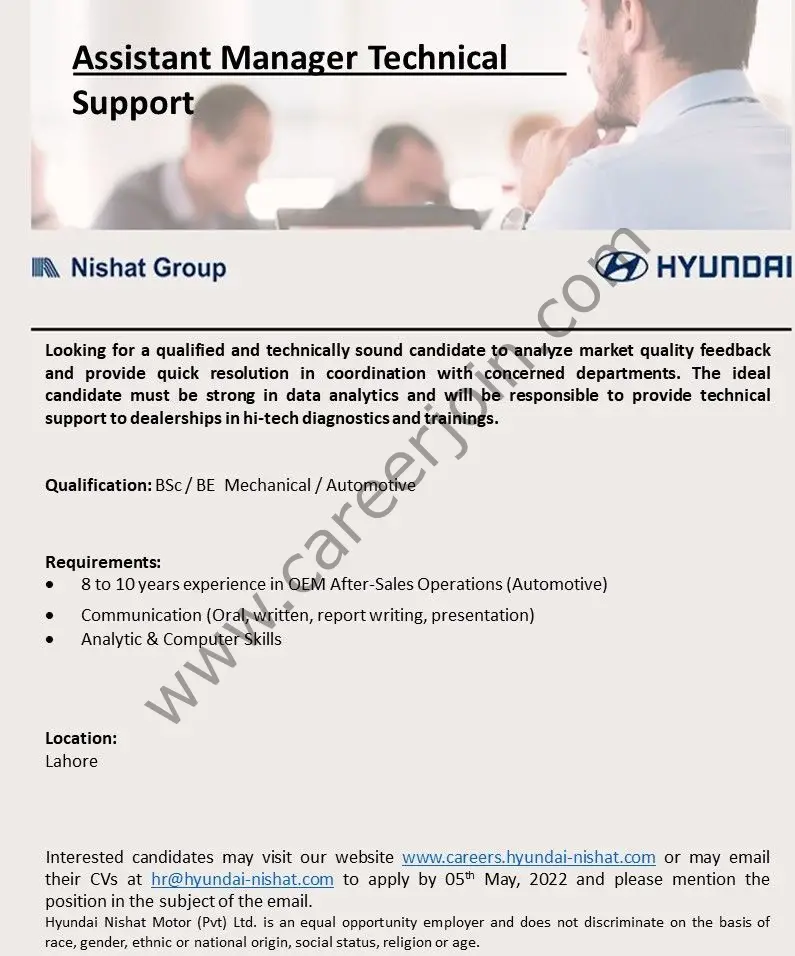 Hyundai Nishat Motor Pvt Ltd Jobs Assistant Manager Technical Support 01