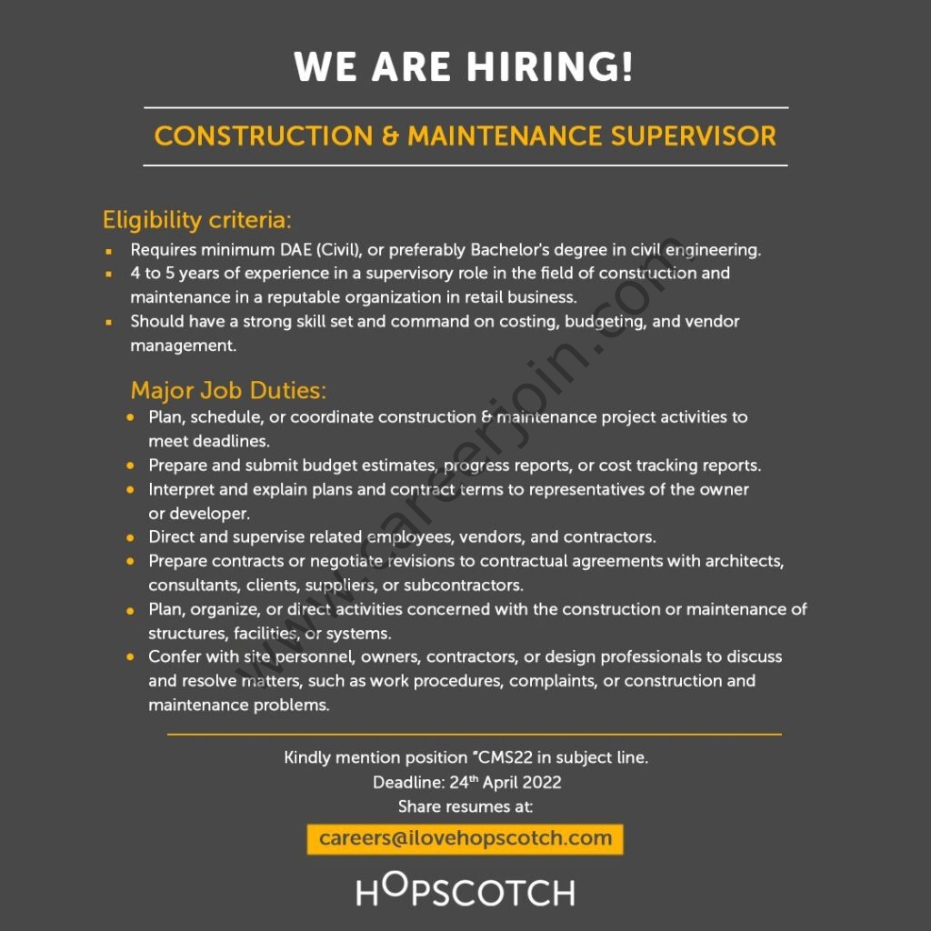 Hopscotch Pakistan Jobs Construction & Maintenance Supervisor 01