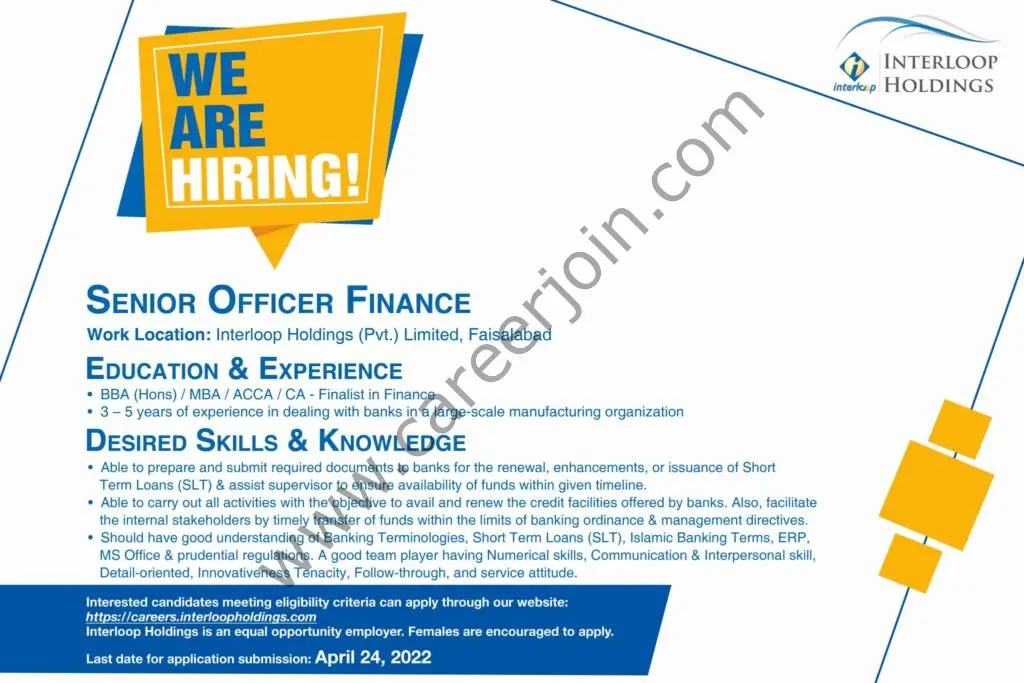 Interloop Holdings Pvt Ltd Jobs Senior Officer Finance 01