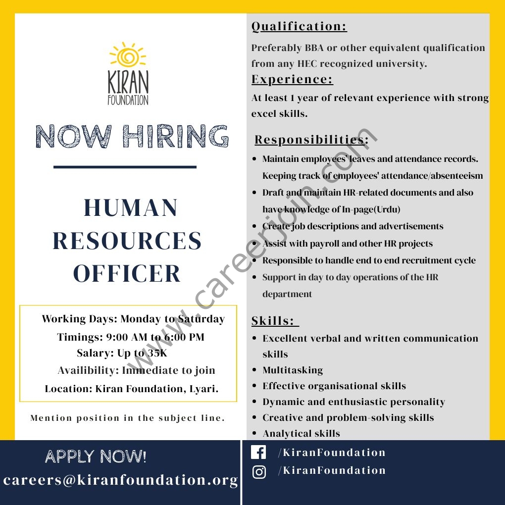 Kiran Foundation Jobs Human Resources Officer 01
