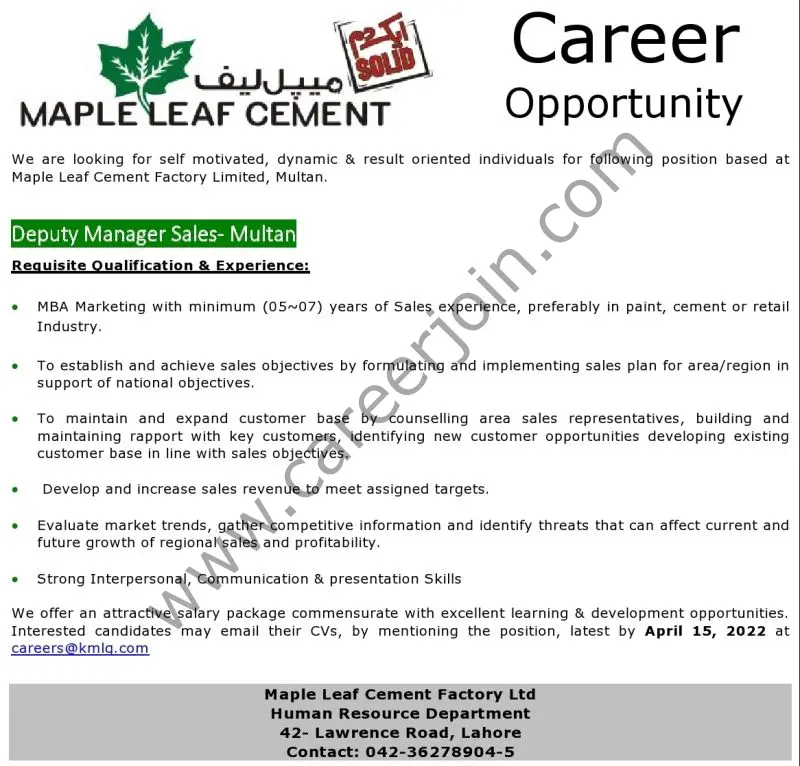 Maple Leaf Cement Factory Limited Jobs Deputy Manager Sales 01