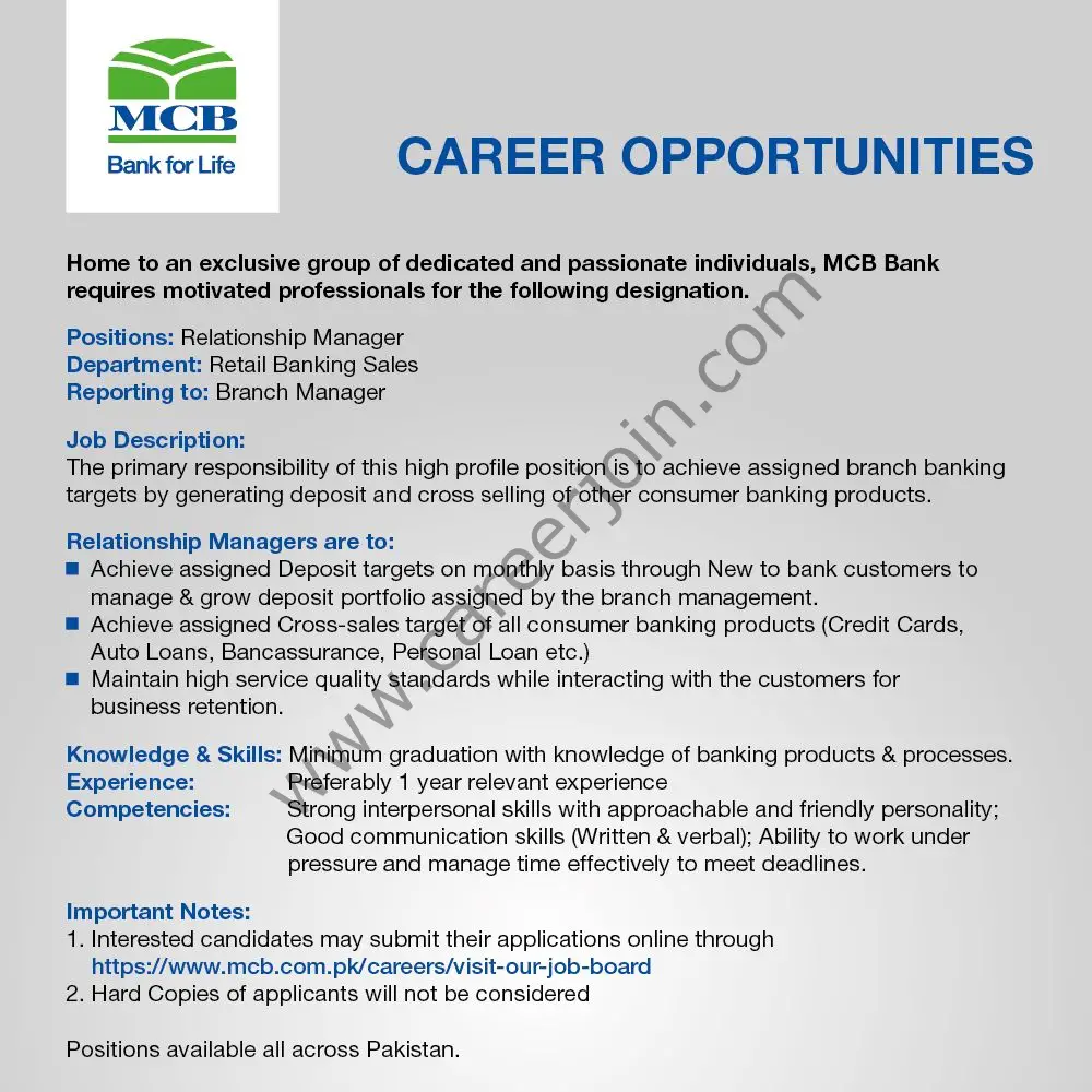 MCB Bank Limited Jobs Relationship Manager 01