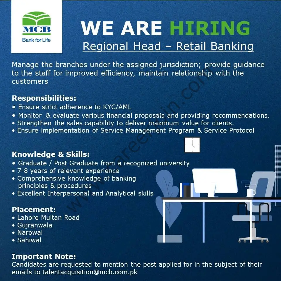 MCB Bank Limited Jobs Regional Head Retail Banking 01