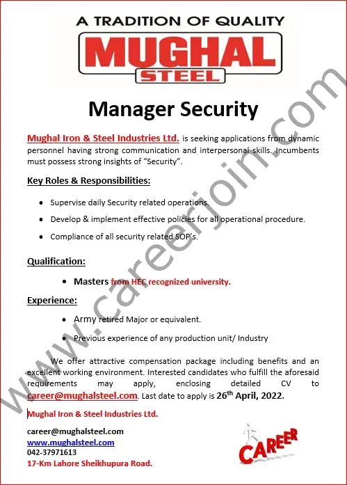 Mughal Iron & Steel Industries Limited MISIL Jobs Manager Security 01