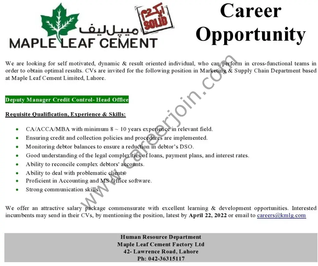 Maple Leaf Cement Factory Limited Jobs Deputy Manager Credit Control 01