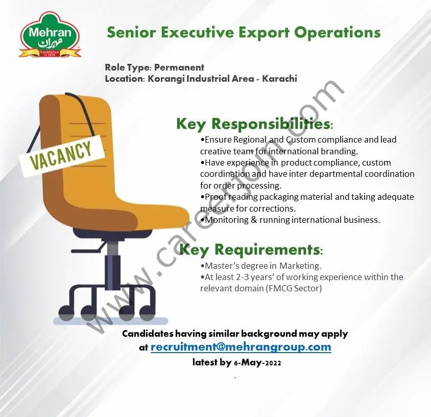 Mehran Spice & Food Industries Pvt Ltd Jobs Senior Executive Export Operations 01