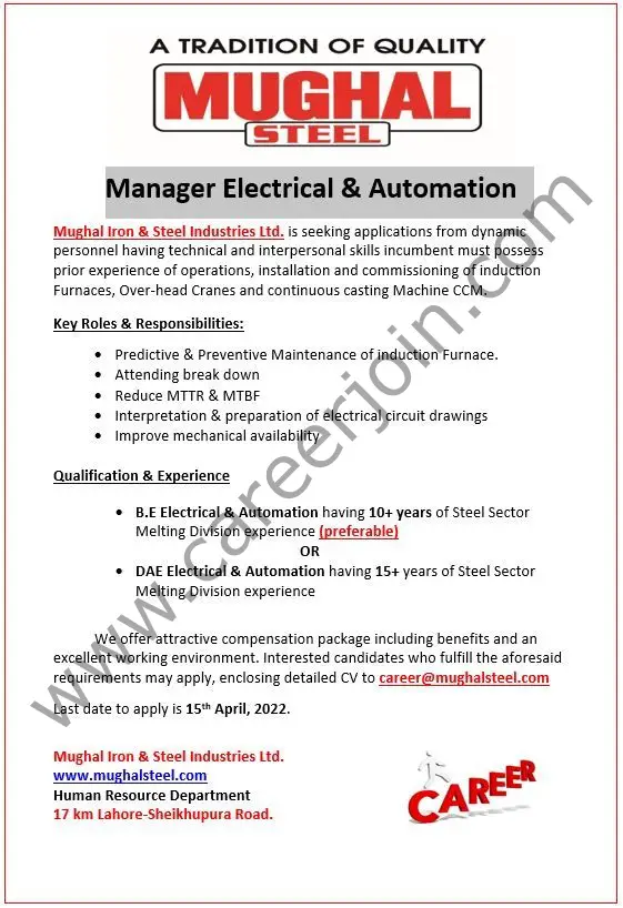Mughal Iron & Steel Industries Limited MISIL Jobs Manager Electrical & Automation 01