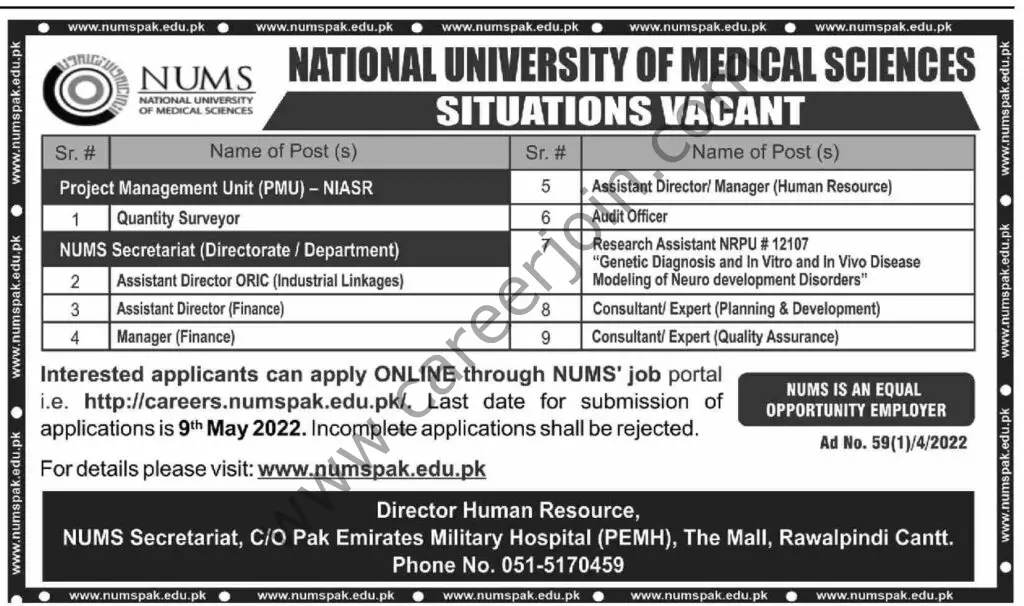 National University of Medical Sciences NUMS Jobs April 2022 01