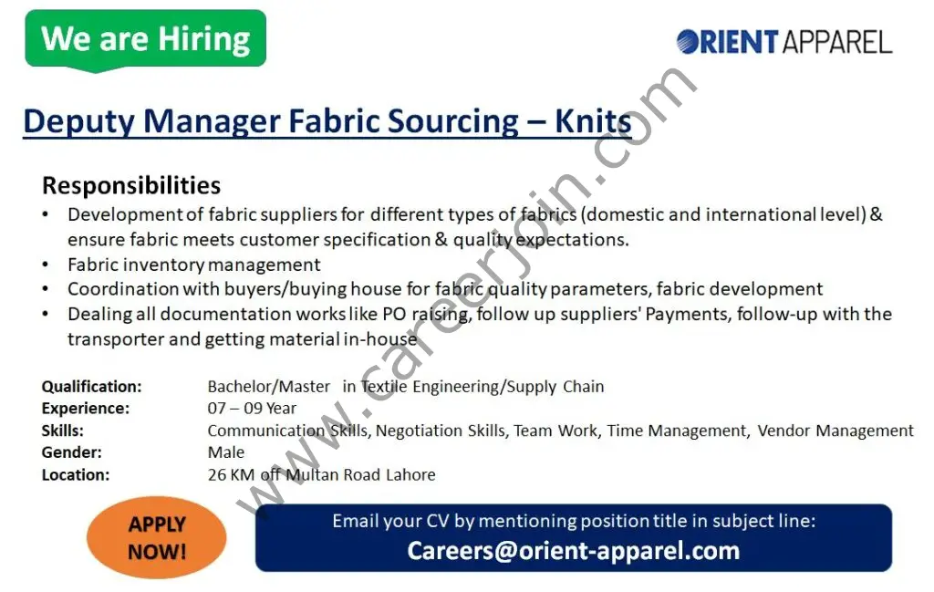 Orient Apparel Pvt Ltd Jobs Deputy Manager Fabric Sourcing Knits 01