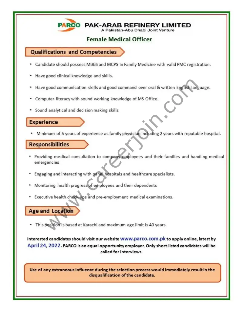 Pak Arab Refinery Limited PARCO Jobs Female Medical Officer 01