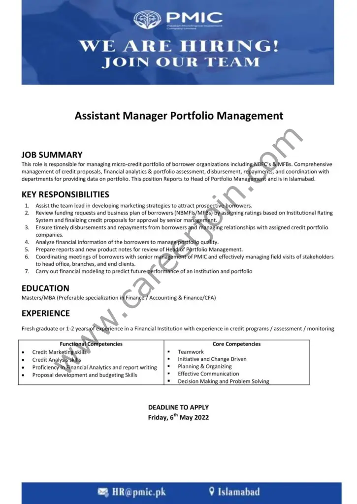 Pakistan Microfinance Investment Company PMIC Jobs Assistant Manager Portfolio Management 01