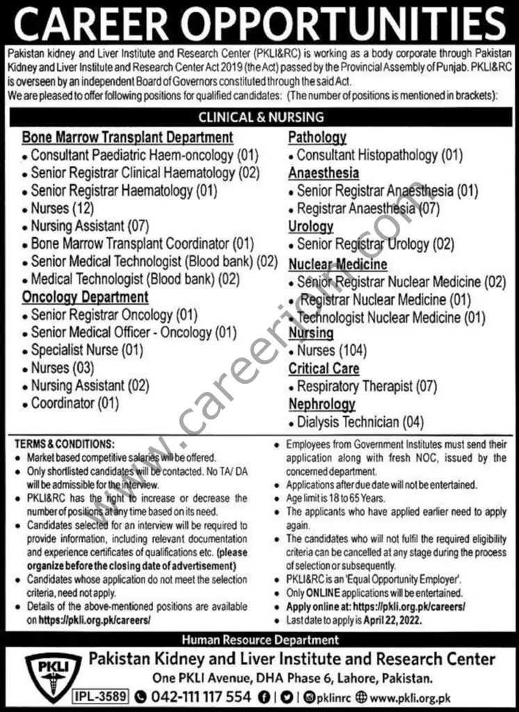 Pakistan Kidney & Liver Institute & Research Center PKLI&RC Jobs April 2022 01