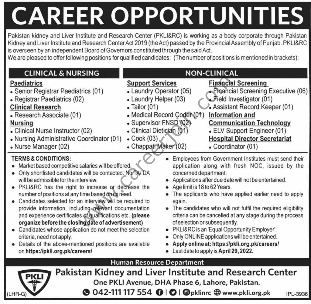 Pakistan Kidney & Liver Institute & Research Center PKLI&RC Jobs 14 April 2022 Dawn 01