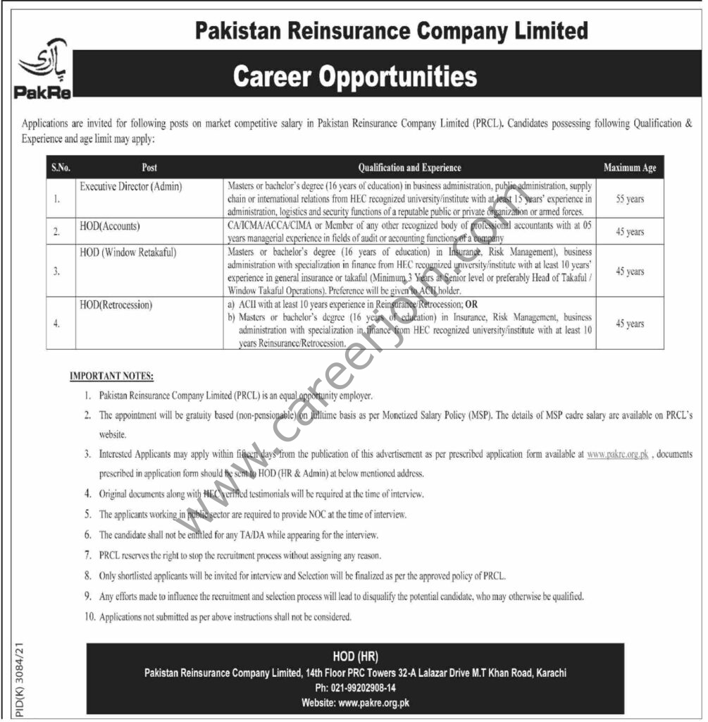 Pakistan Reinsurance Company Ltd PRCL Jobs 19 April 2022 Dawn 01