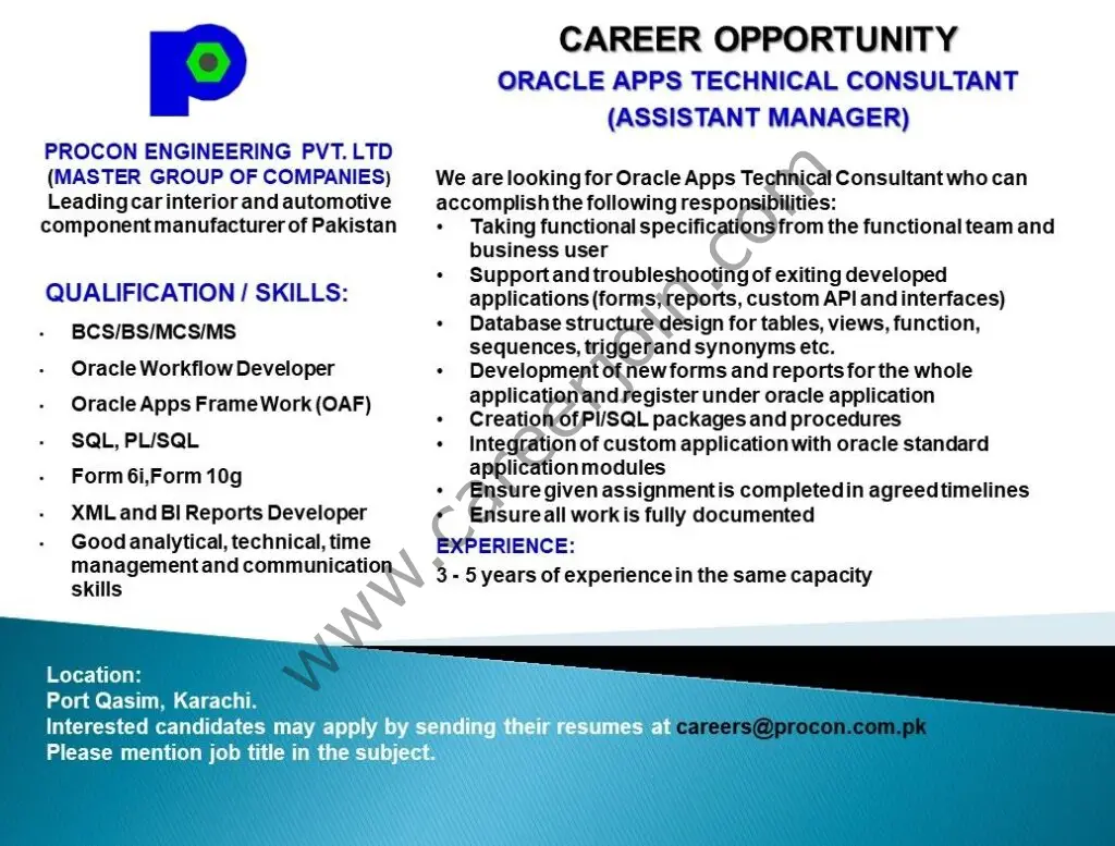 Procon Engineering Pvt Ltd Jobs Oracle Apps Technical Consultant 01