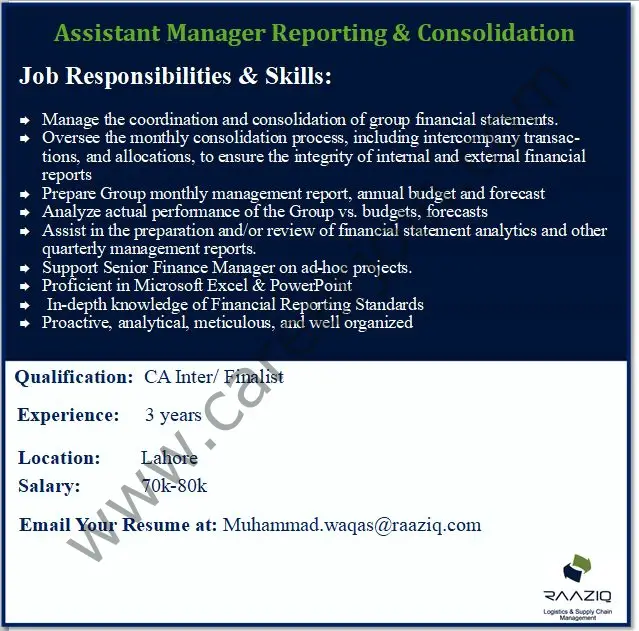 Raaziq International Pvt Ltd Jobs Assistant Manager Reporting & Consolidation 01