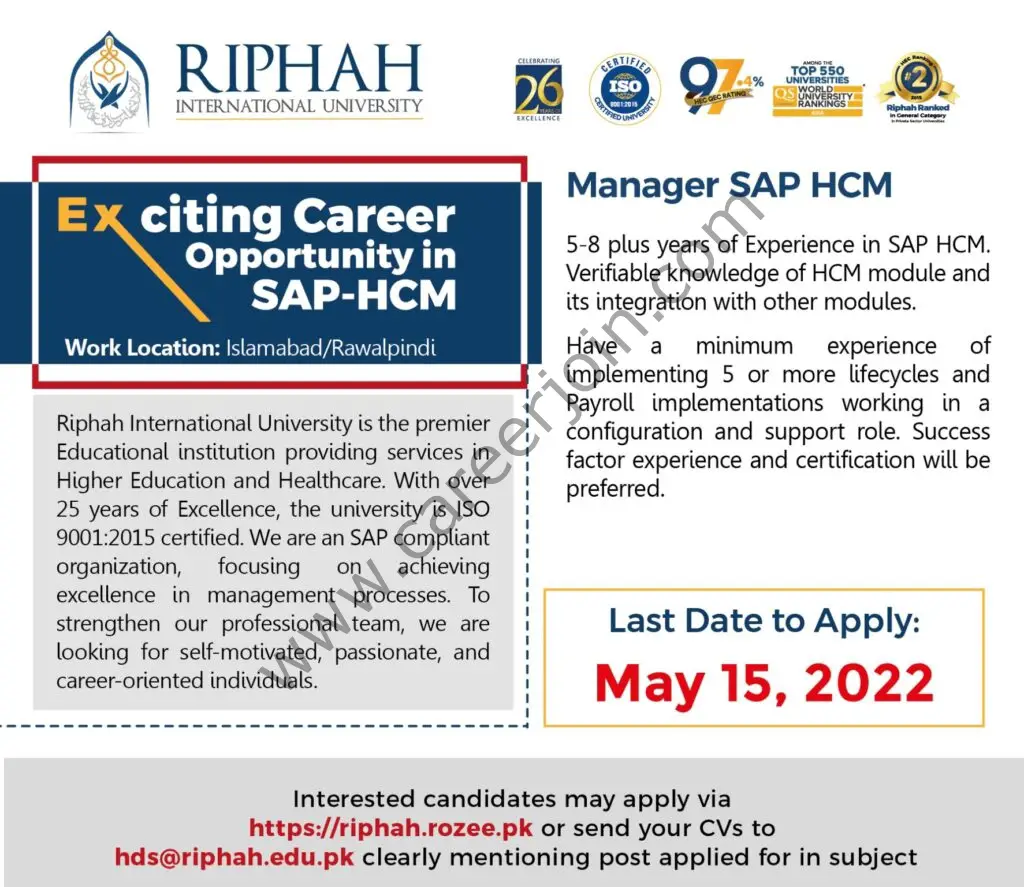 Riphah International University Jobs Manager SAP HCM 01
