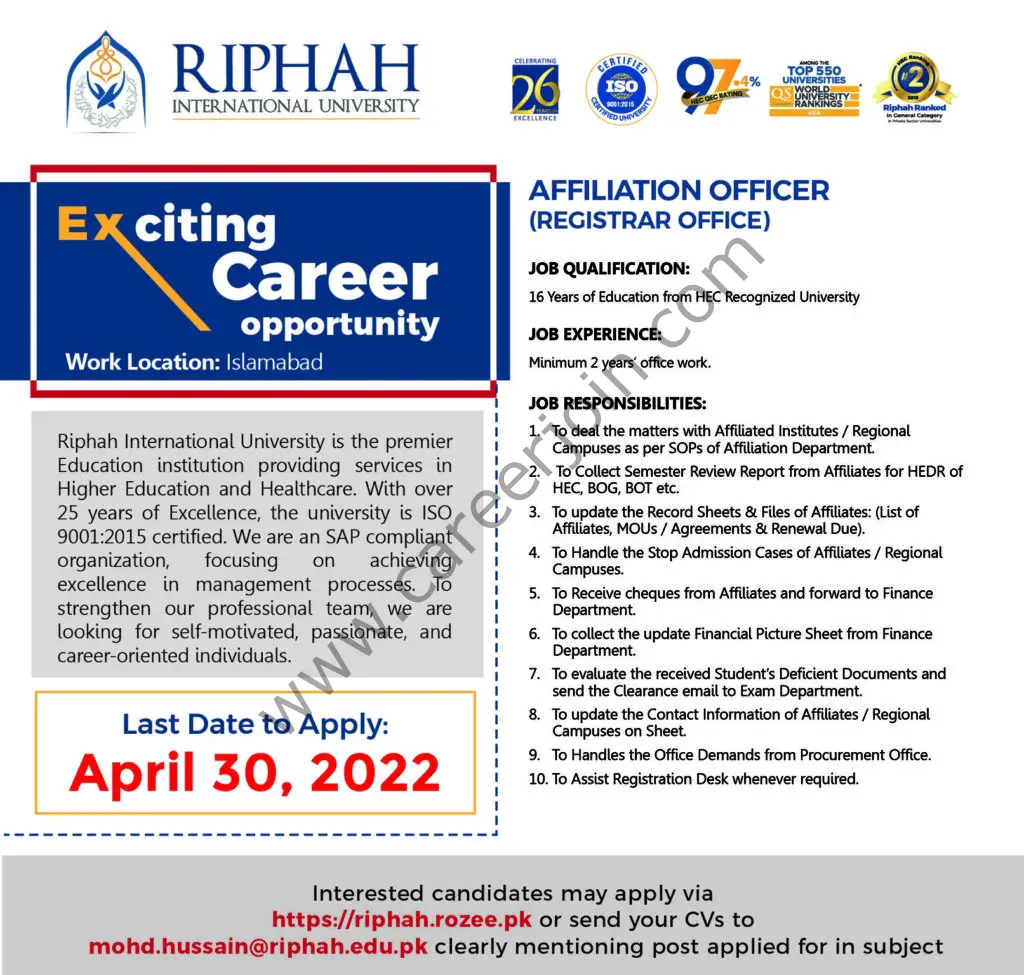 Riphah International University Jobs April 2022 01