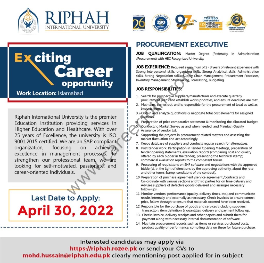 Riphah International University Jobs Procurement Executive 01