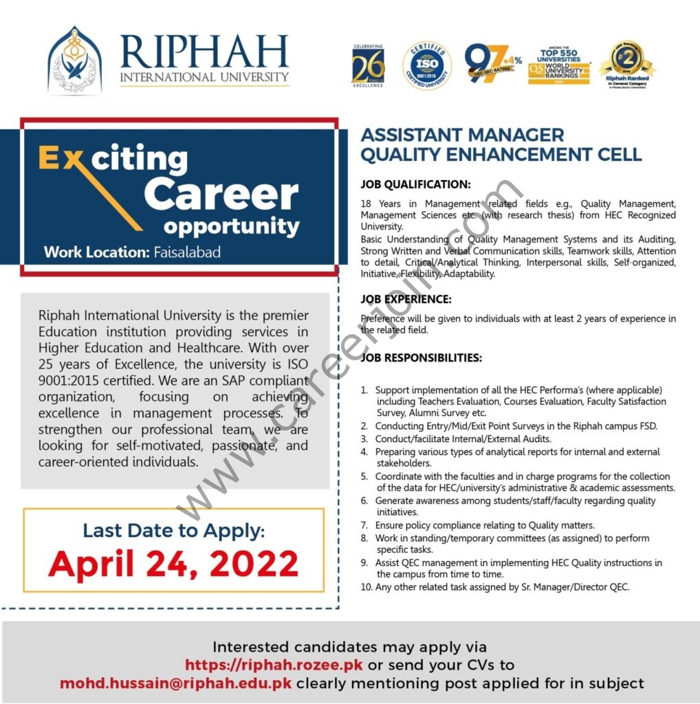 Riphah International University Jobs Assistant Manager Quality Enhancement Cell 01