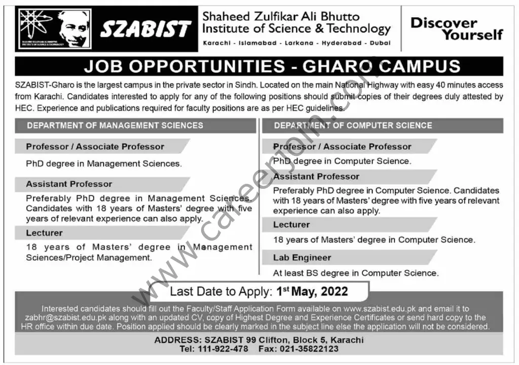 Syed Zulfiqar Ali Bhutoo Institute Of Science & Technology SZABIST Jobs April 2022 01