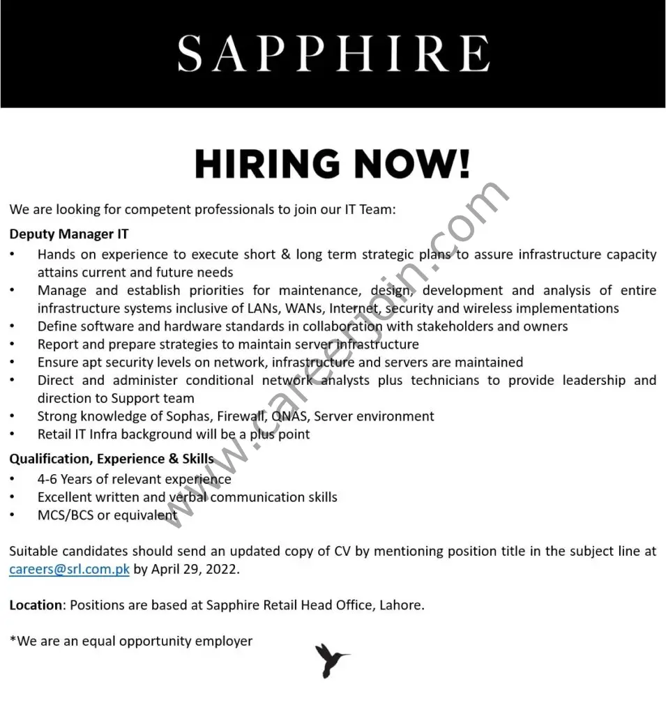 Sapphire Retail Limited SRL Jobs Deputy Manager IT 01