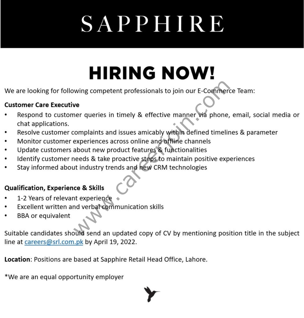 Sapphire Retail Limited SRL Jobs Customer Care Executive 01