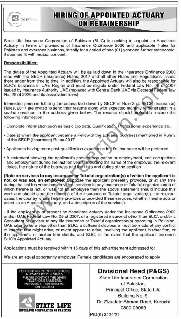 State Life Insurance Corporation of Pakistan SLIC Jobs April 2022 01